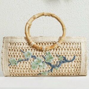 Handwoven Cream Straw Clutch with Bamboo Handle and Floral Embroidery - Small